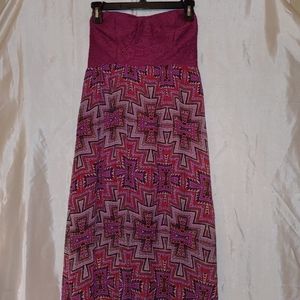 Long strapless dress.